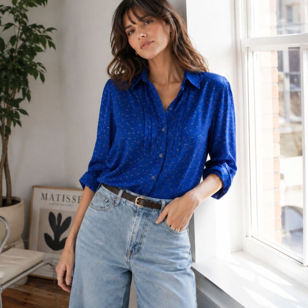 Vintage 80s Royal Blue Micro Print Button Up Blouse Retro Preppy